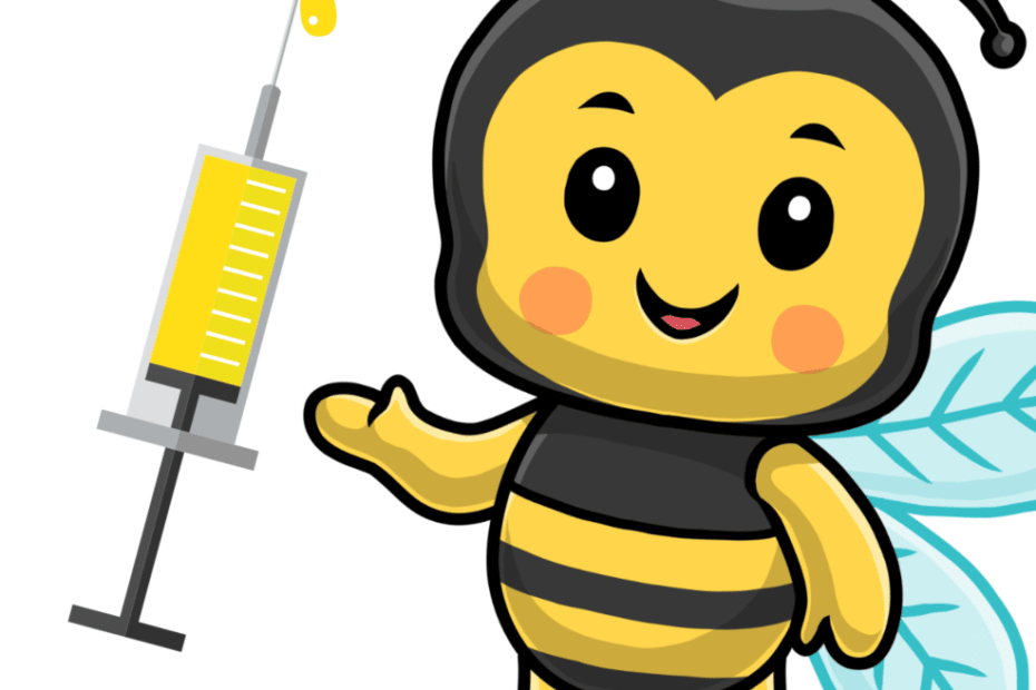 Disegno vettoriale di ape con siringa, combinazione tra due immagini prese da Freepik autori Macrovector e Brave
