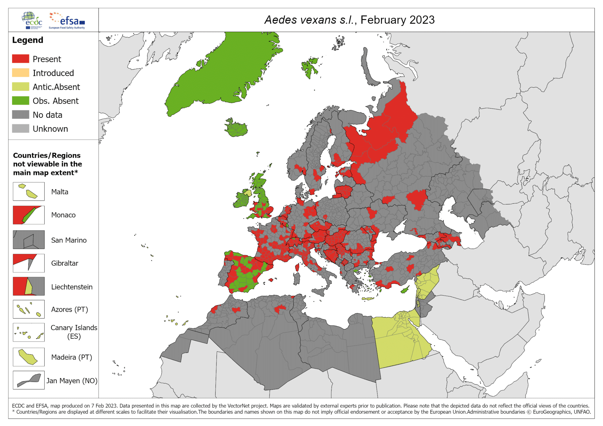 Immagine del CDC europeo che mostra la diffusione della zanzara Aedes Vexans